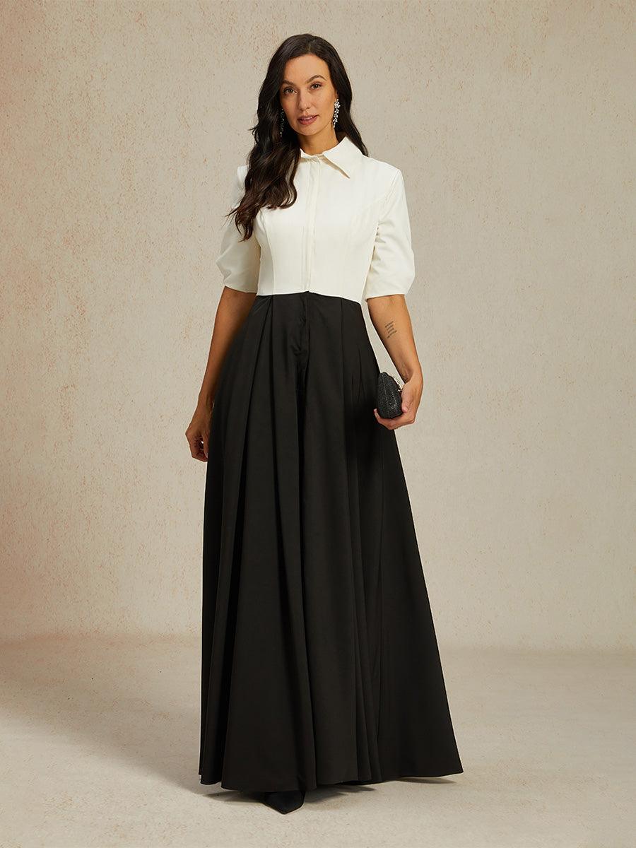 Black and White Maxi Dress with Shirt Collar