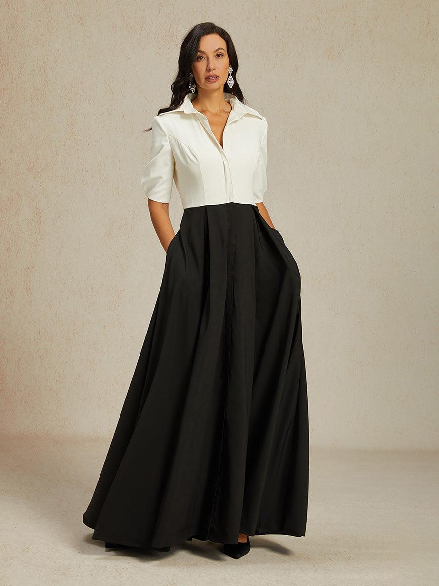 Black and White Maxi Dress with Shirt Collar