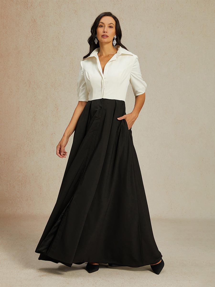 Black and White Maxi Dress with Shirt Collar