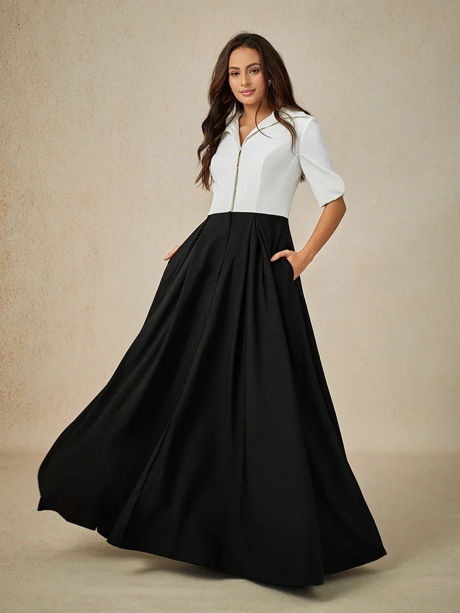Black and White Maxi Dress with Shirt Collar
