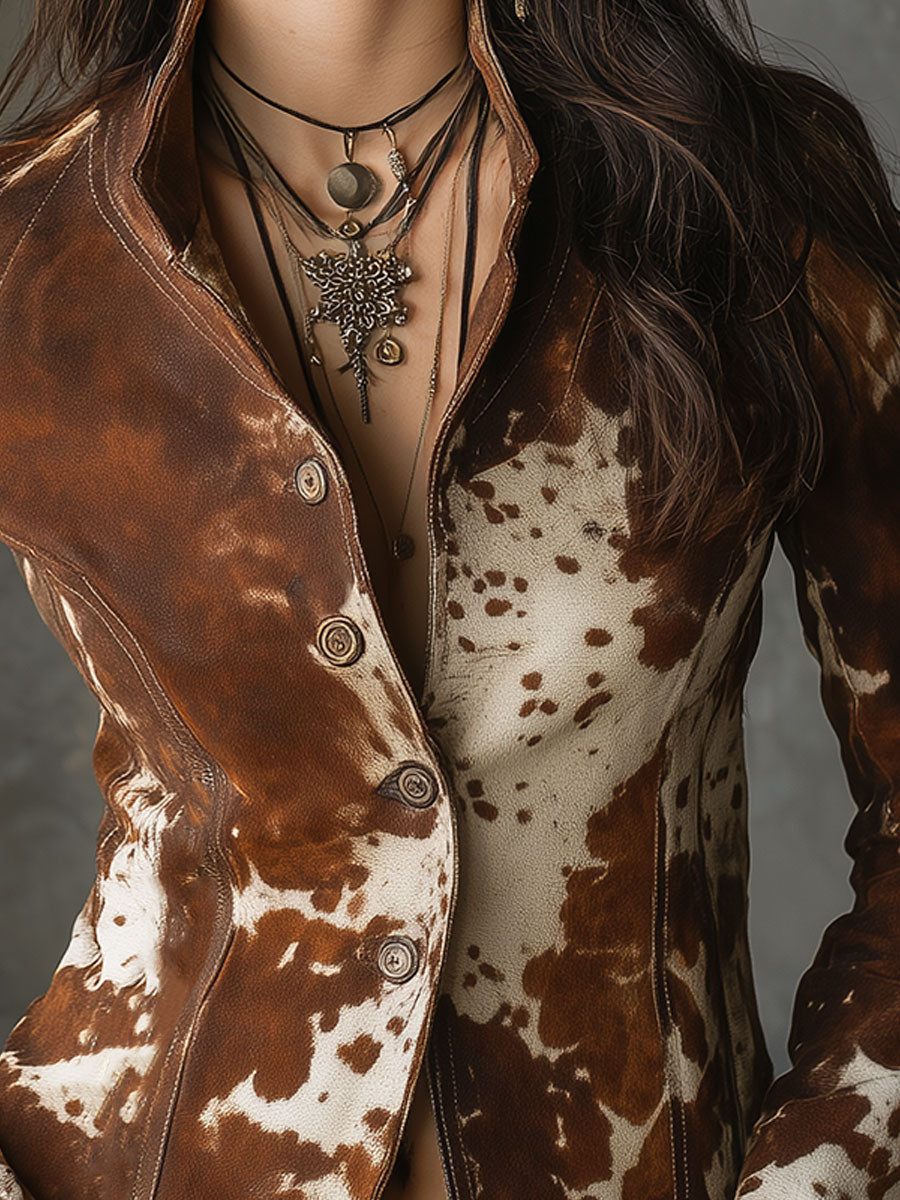 Vintage Mao Collar Cow Print Suede Jacket