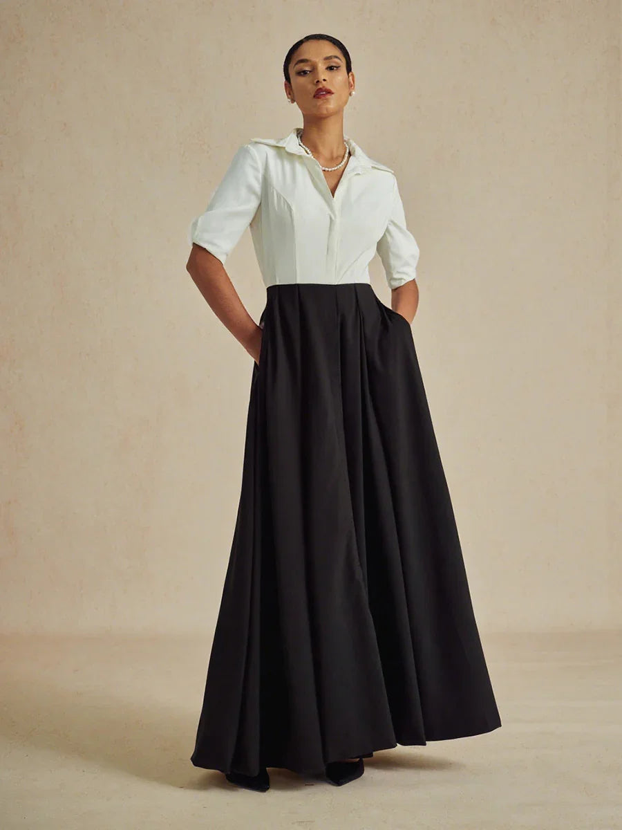 Black and White Maxi Dress with Shirt Collar