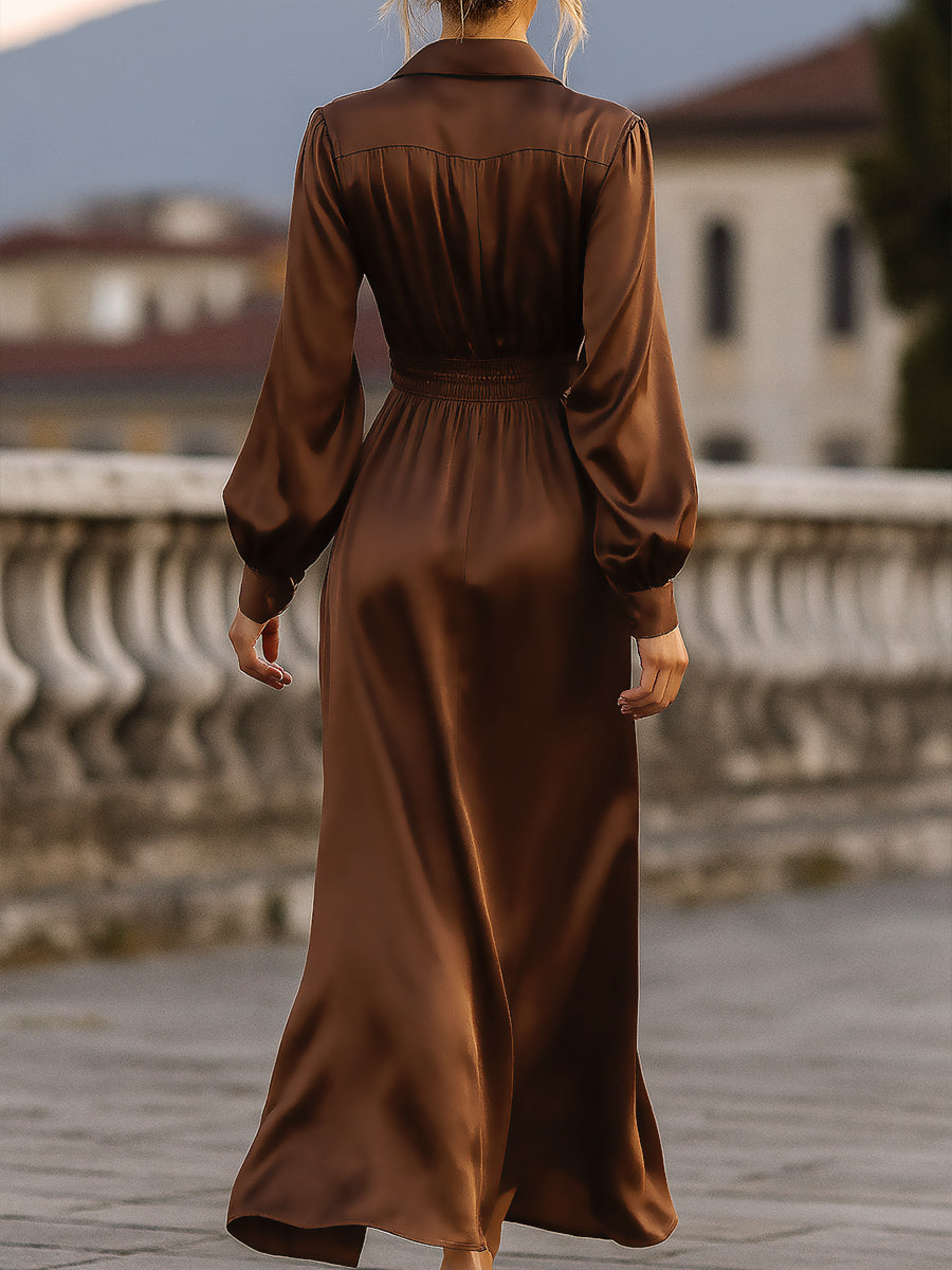 Pamper Love Satin Cinched Waist Maxi Dress In Mocha Brown
