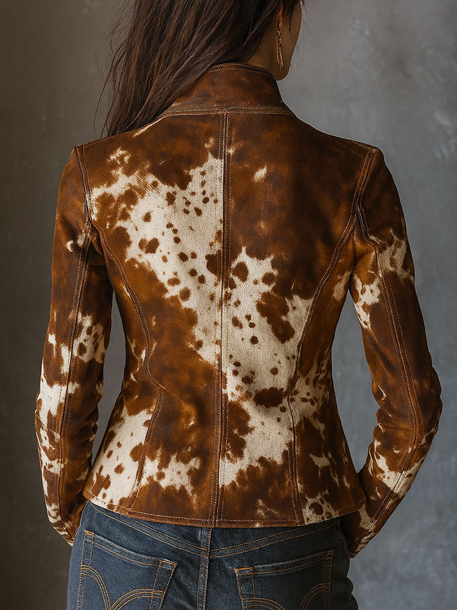 Vintage Mao Collar Cow Print Suede Jacket