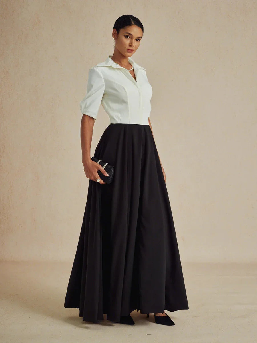 Black and White Maxi Dress with Shirt Collar