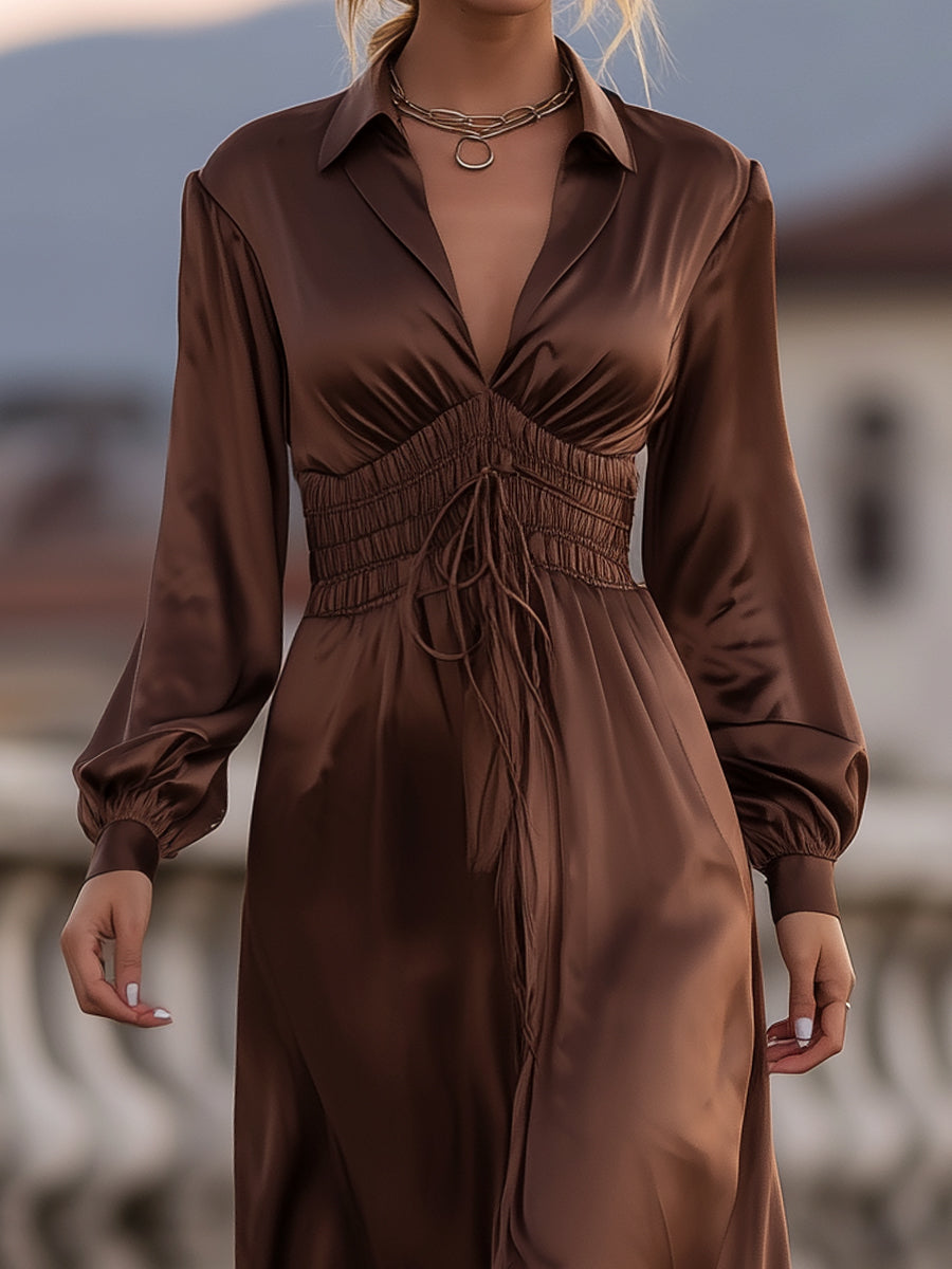 Pamper Love Satin Cinched Waist Maxi Dress In Mocha Brown