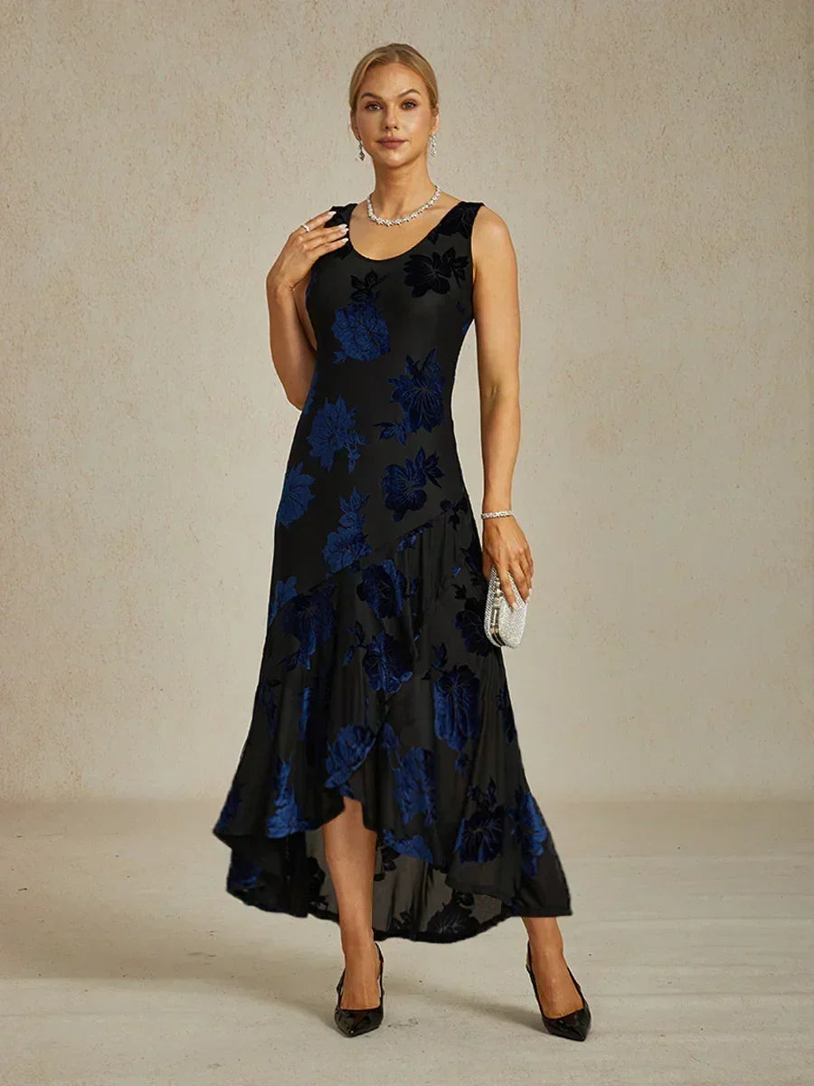 Floral Chiffon Evening Gown with Asymmetrical Hem