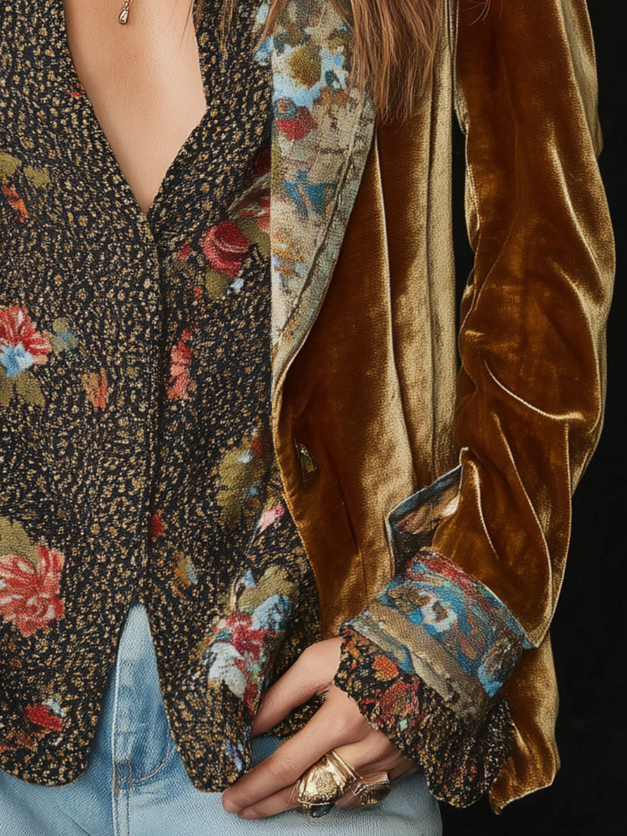 Vintage Lapel Polyester Velvet Floral Print Patchwork Blazer