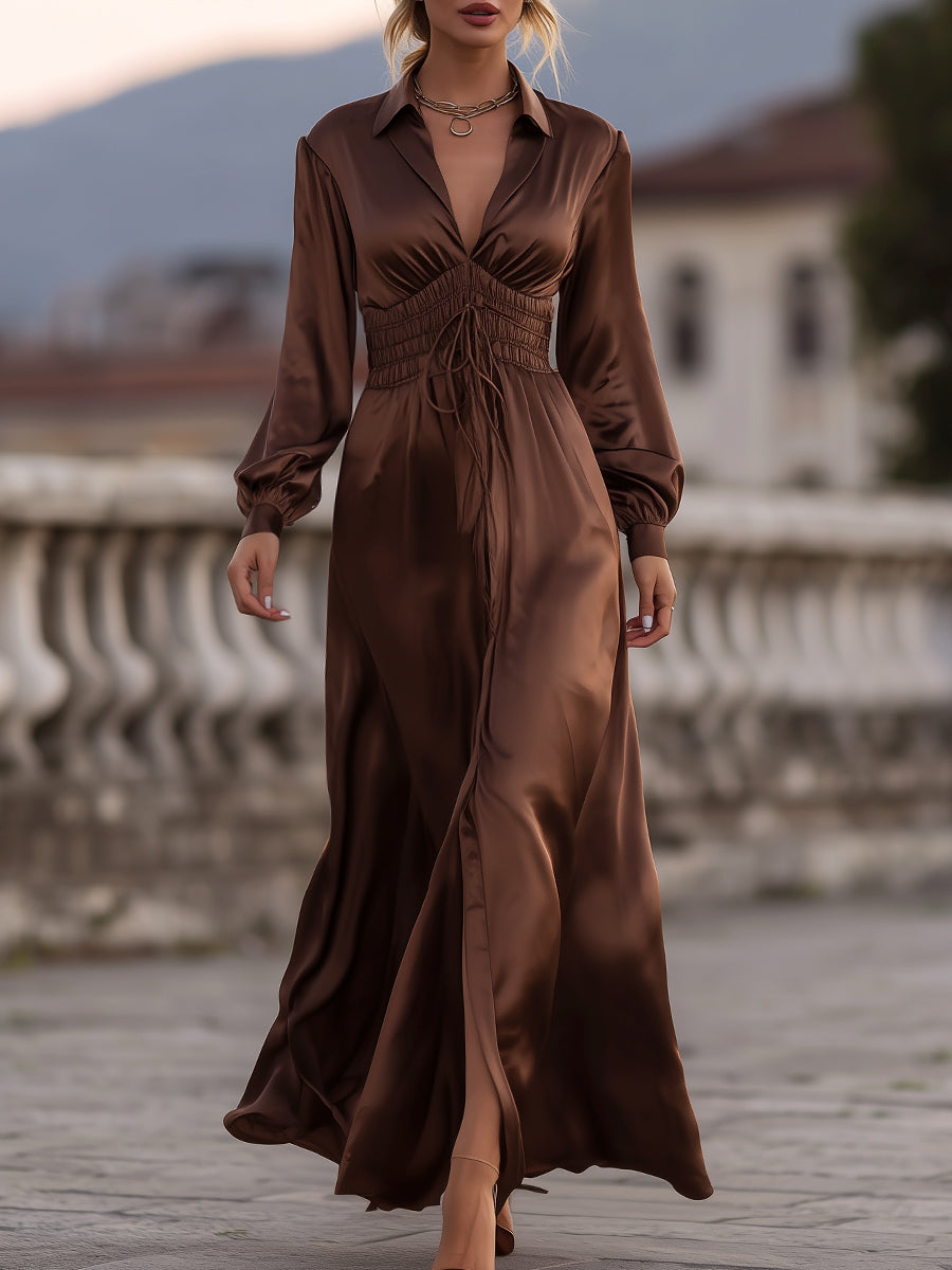 Pamper Love Satin Cinched Waist Maxi Dress In Mocha Brown