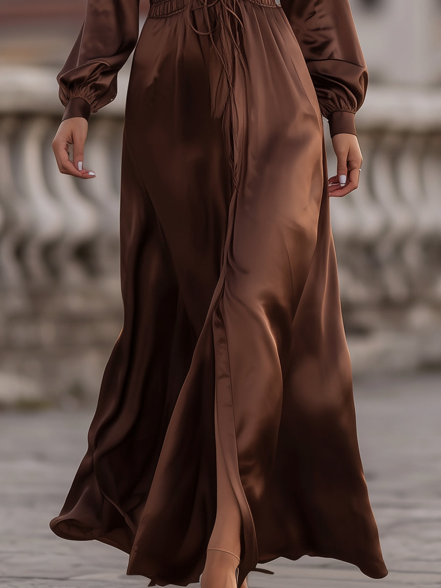 Pamper Love Satin Cinched Waist Maxi Dress In Mocha Brown